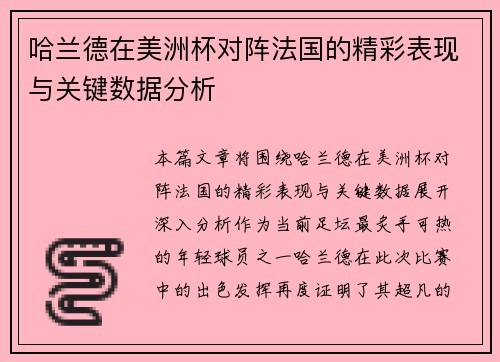 哈兰德在美洲杯对阵法国的精彩表现与关键数据分析